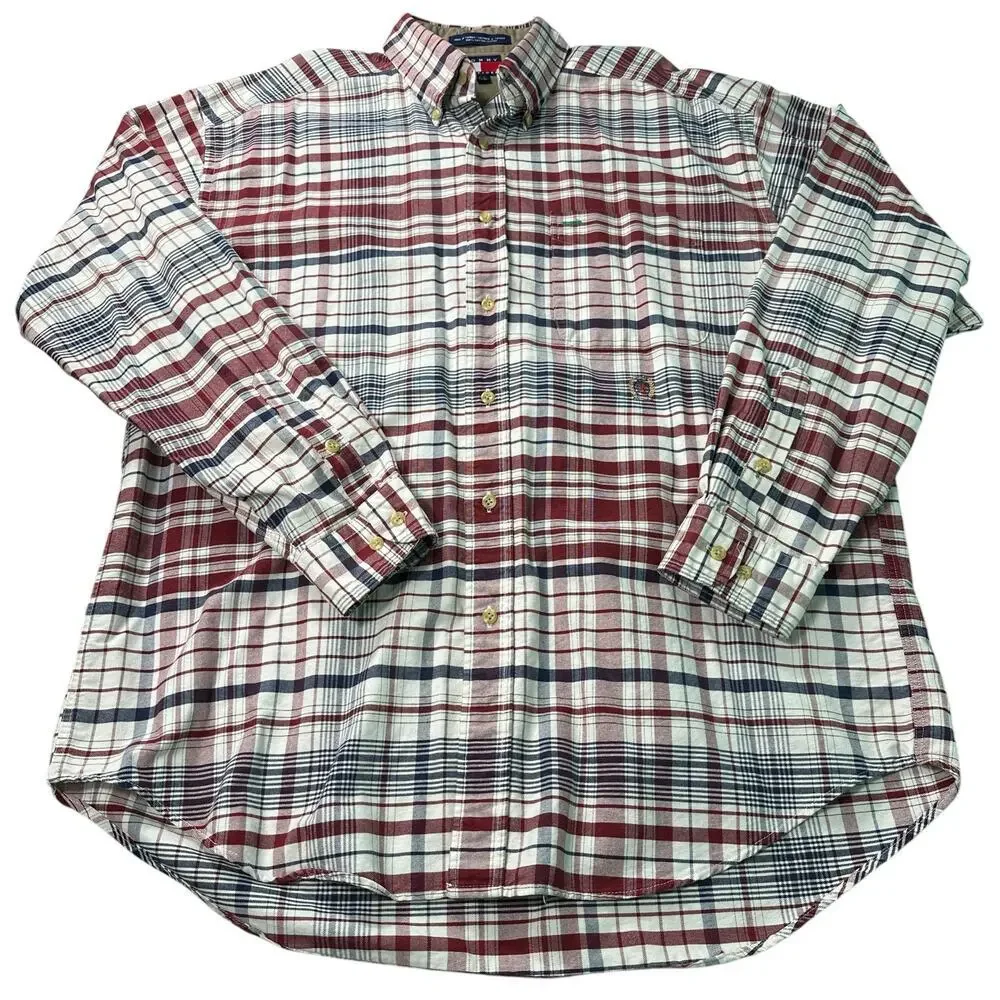 Vintage Tommy Hilfiger Plaid Button Down Shirt 90s Mens  Lrg Embroidered Crest‎